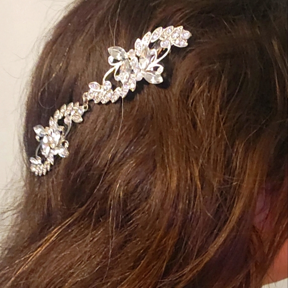 6" Women Bridal Cubic Zirconia Hair Clip x2, Silver Floral Barette, Wedding - Picture 12 of 12